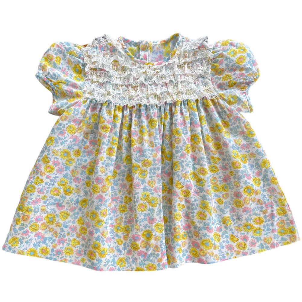 Vintage 70s Toddler's Children's Floral Ruffle Puff Sleeve Dress